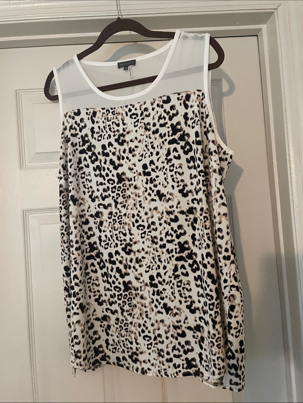 Vince Camuto White and Tan Leopard Print Mesh Yoke Tank - Size 1X